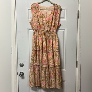Umgee vneck tiered sleeveless floral print lined dress size large